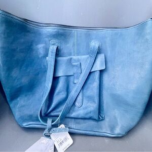 Blue Leather Tote Bag